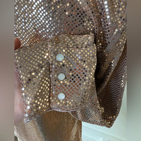 NWT C/Meo Collective After Dark Rose Gold Button Down Shirt Shiny Sparkly Sz XS - Picture 6 of 10